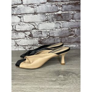 Saks Fifth Avenue Tan Black Leather Bow Mule Heels Shoes Women’s Sz 7B US/38EU